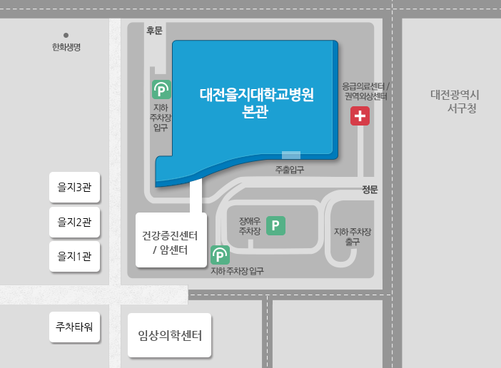 을지대학교병원 본관 위치는 정문을 기준으로 우측의 응급 의료센터 옆에 위치하고 있습니다.