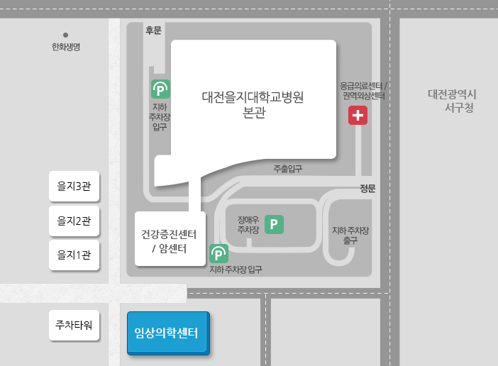 을지대학교병원 임상의학센터 위치는 정문을 기준으로 좌측의 지하주차장과 장애우 주차장을 지나 암센터 옆에 위치하고 있습니다.